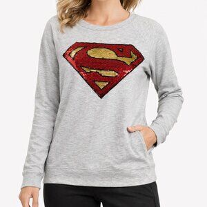 Superman DC Comics Womens Sequin Logo Pullover Sweatshirt Gray Raglan Medium